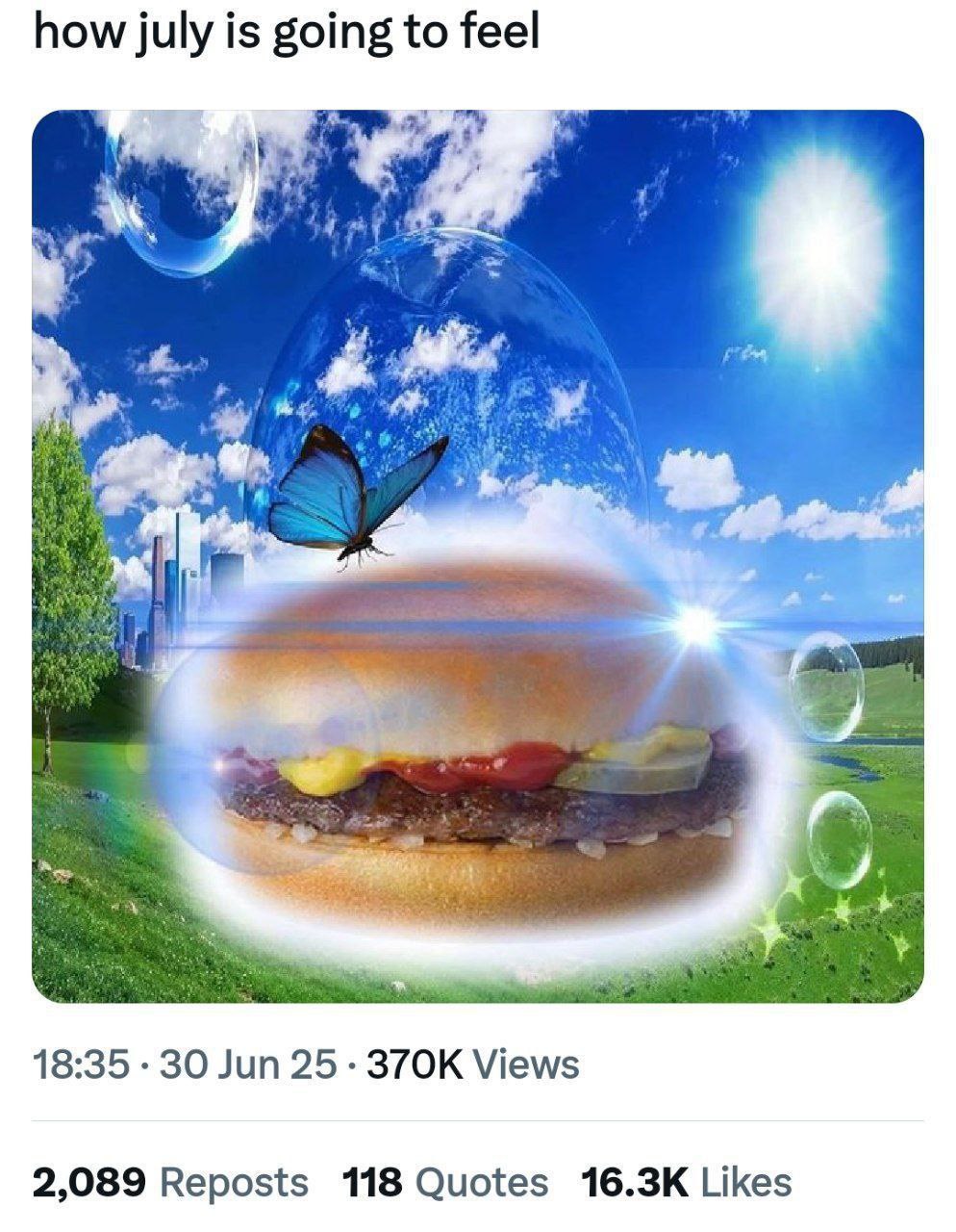 how july is going to feel a 18:35 30 Jun 25 Views 2,089 Reposts 118 Quotes Likes