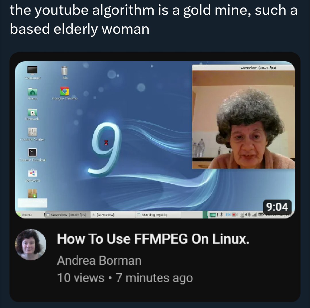 the youtube algorithm is а gold mine, sucha based elderly woman 4 9:04) How To Use FFMPEG On Linux. Апагеа Вогтап 10 views 7 minutes ago