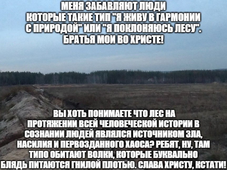 МЕНЯ ЗАБАВЛЯЮТ ЛЮД КОТОРЫЕ ТАКИЕ ТИП "Я ЖИВУ В ГАРМОНИИ ПРИРОДОЙ" ИЛИ "Я ПОКЛОНЯЮСЬ ЛЕСУ" БРАТЬЯ МОИ ХРИСТЕ! ВЫ ХОТЬ ПОНИМАЕТЕ ЧТО ЛЕС НА ПРОТЯЖЕНИИ ЧЕЛОВЕЧЕСКОЙ ИСТОРИИ В СОЗНАНИИ ЛЮДЕИ ЯВЛЯЛСЯ ИСТОЧ