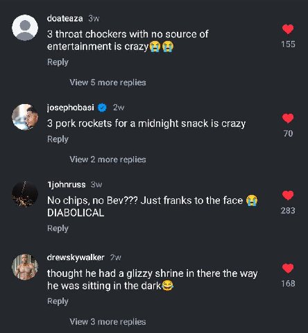 doateaza 3 throat chockers with no source of entertainment is crazy josephobasi 3 pork rockets for a midnight snack is crazy No chips, по Bev??? Just franks to the face DIABOLICAL drewskywalker though