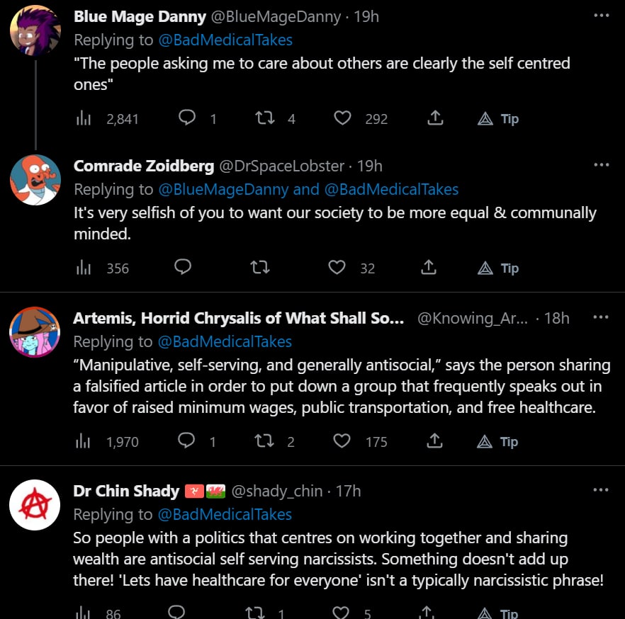 Article: "Leftists use empty virtue signals to conceal their malevolent, self-serving intentions."

Leftists: "How can I secretly be a manipulative narcissist if I publicly claim to care about the goo