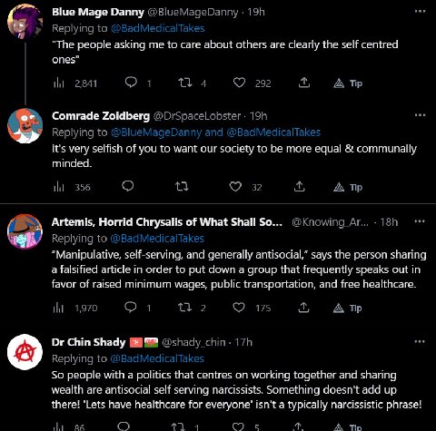Article: "Leftists use empty virtue signals to conceal their malevolent, self-serving intentions."

Leftists: "How can I secretly be a manipulative narcissist if I publicly claim to care about the goo