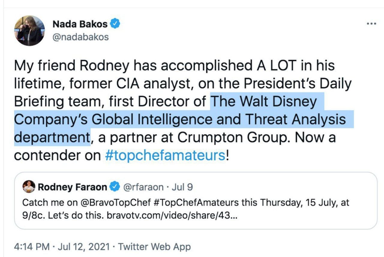 Nada Bakos @nadabakos My friend Rodney has accomplished A LOT in his lifetime, former CIA analyst, on the Daily Briefing team, first Director of The Walt Disney Global Intelligence and Threat Analysis