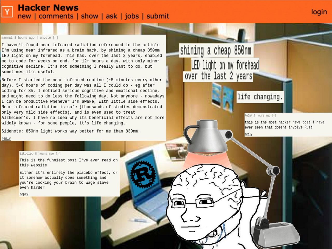 haven’t found near infrared radiation referenced in the article 753 using near infrared as a brain hack, shining a cheap shining a cheap LED light on my forehead. This has, over the last 2 years, enab