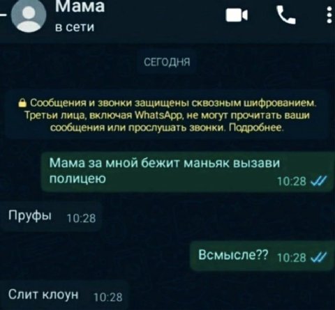 в сети СЕГОДНЯ Сообщения и звонки защищены сквозным шифрованием. Третьи лица, включая WhatsApp, не могут прочитать ваши сообщения или прослушать звонки. Подробнее. Мама за мной бежит маньяк вызави пол