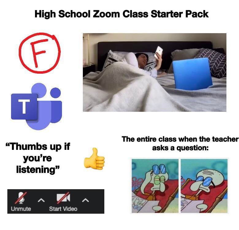 High School Zoom Class Starter Pack The entire class when the teacher “Thumbs up if asks a question: you’re listening” a iS Unmute Start Video Я