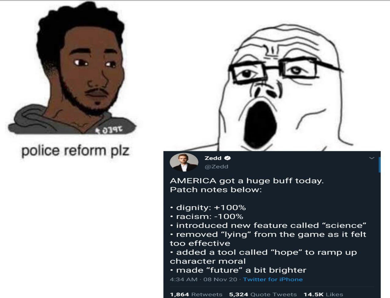 LES) police reform plz Геза AMERICA got a huge buff today. Patch notes below: dignity: +100% racism: -100% introduced new feature called “science” removed “lying” from the game as it felt too effectiv