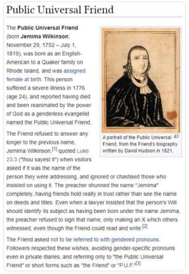 Public Universal Friend Tne Public Universal Friend (born Jemima Wilkinson: November 29. 1752 July 1. 1819), was бот as an English- American to a Quaker family on Rhode Island, and was assigned female