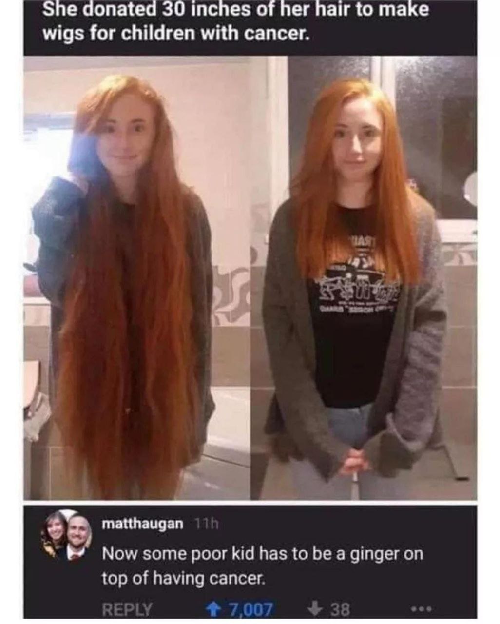 She donated 30 Inches of her hair to таке wigs for children with cancer. 1 Wal a Now same has be qinger on top of having сайсег