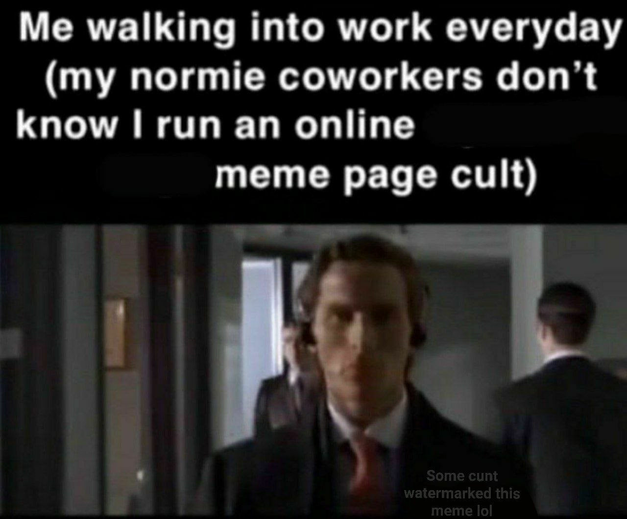 Me walking into work everyday (my normie coworkers don't know гип online meme page cult)