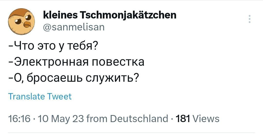 kleines Tschmonjakatzchen @sanmelisan -Что это у тебя? -Электронная повестка -О, бросаешь служить? Translate Tweet 16:16 10 May 23 from Deutschland 181 Views