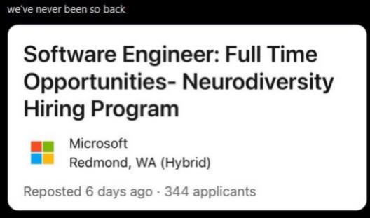Software Engineer: Full Time Opportunities- Neurodiversity Hiring Program Microsoft я Redmond, (Hybrid) Reposted 6 days ago 344 applicants