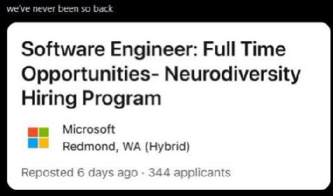 Software Engineer: Full Time Opportunities- Neurodiversity Hiring Program Microsoft я Redmond, (Hybrid) Reposted 6 days ago 344 applicants
