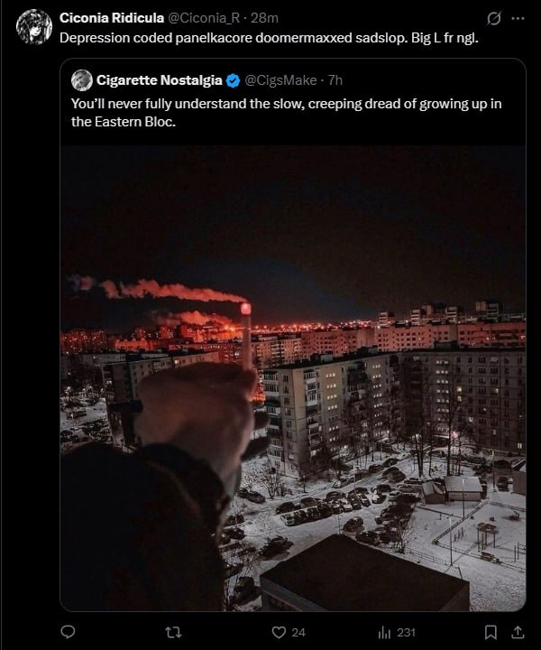 Ciconia Ridicula Depression coded рапеКасоге doomermaxxed sadslop. Big frngl. Cigarette Nostalgia You'll never fully understand the slow, creeping dread of growing up in the Eastern Bloc