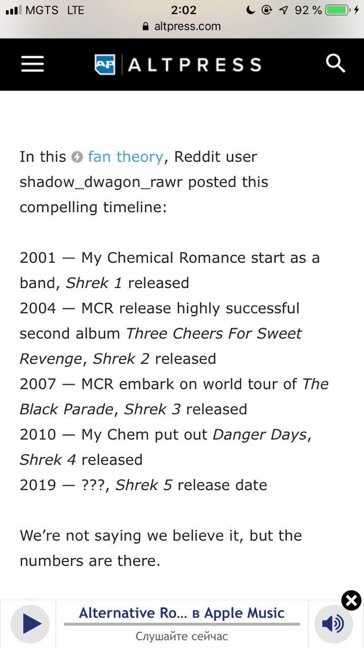 MGTS LIE 2:02 7 92% )4 a altpress.com ALTPRESS In this fan theory, Reddit user shadow_dwagon_rawr posted this compelling timeline: 2001 My Chemical Romance start as a band, Shrek 1 released 2004 MCR r