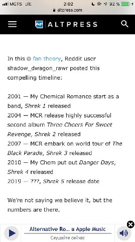 MGTS LIE 2:02 7 92% )4 a altpress.com ALTPRESS In this fan theory, Reddit user shadow_dwagon_rawr posted this compelling timeline: 2001 My Chemical Romance start as a band, Shrek 1 released 2004 MCR r