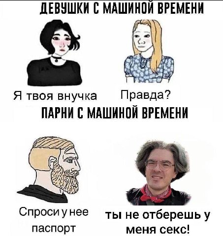 ДЕВУШКИ С МАШИНОЙ ВРЕМЕНИ Я твоя внучка Правда? ПАРНИ С МАШИНОЙ ВРЕМЕНИ Спросиунее ты He отберешь у паспорт меня секс!