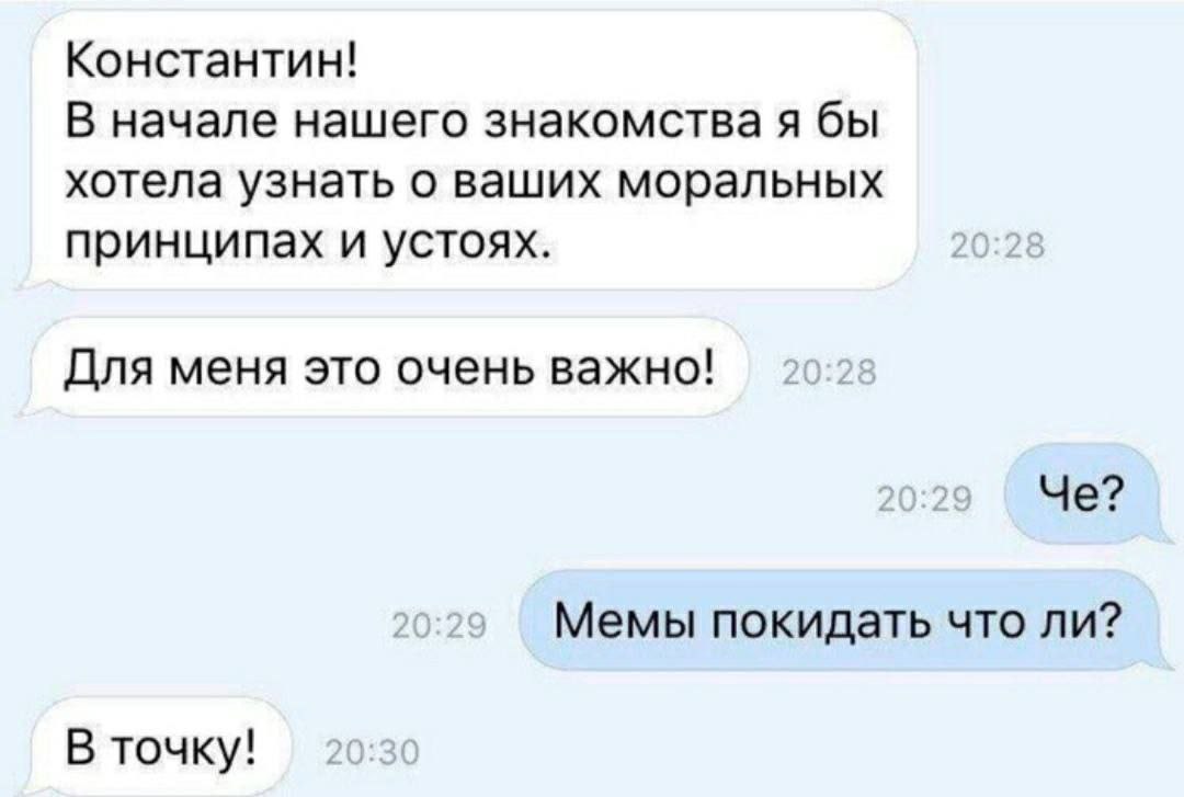 Константин! В начале нашего знакомства я бы хотела узнать о ваших моральных принципах и устоях. Для меня это очень важно! Че? Мемы покидать что ли? В точку!