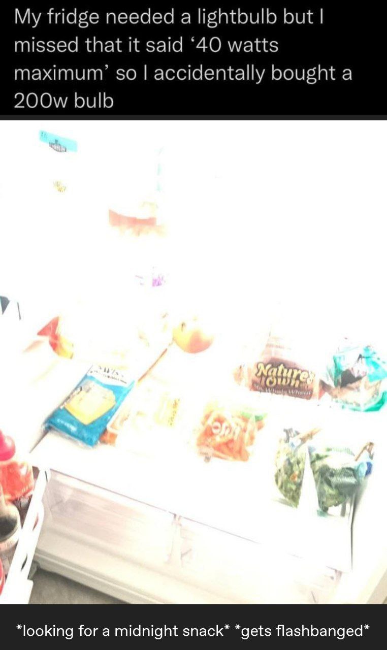 My fridge needed a lightbulb but missed that it said ‘40 watts maximum’ so accidentally bought a bulb for a midnight snack* *gets