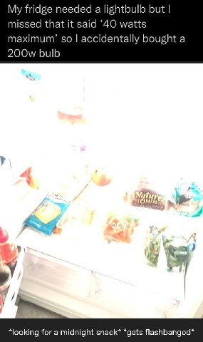 My fridge needed a lightbulb but missed that it said ‘40 watts maximum’ so accidentally bought a bulb for a midnight snack* *gets
