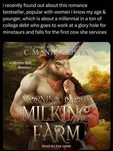 i recently found out about this romance bestseller, popular with women i know my age younger, which is about a millennial in a ton of college debt who goes to work at a glory hole for minotaurs and fa