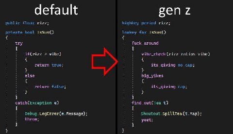 default gen 7 public float rizz; highkey period rizz; private bool IsSus() Тоикеу fax IsSus(} try fuck_around if(rizz vibe) vibe_check(rizz ratios vibe) return true; its_giving no_cap; else big_yikes 