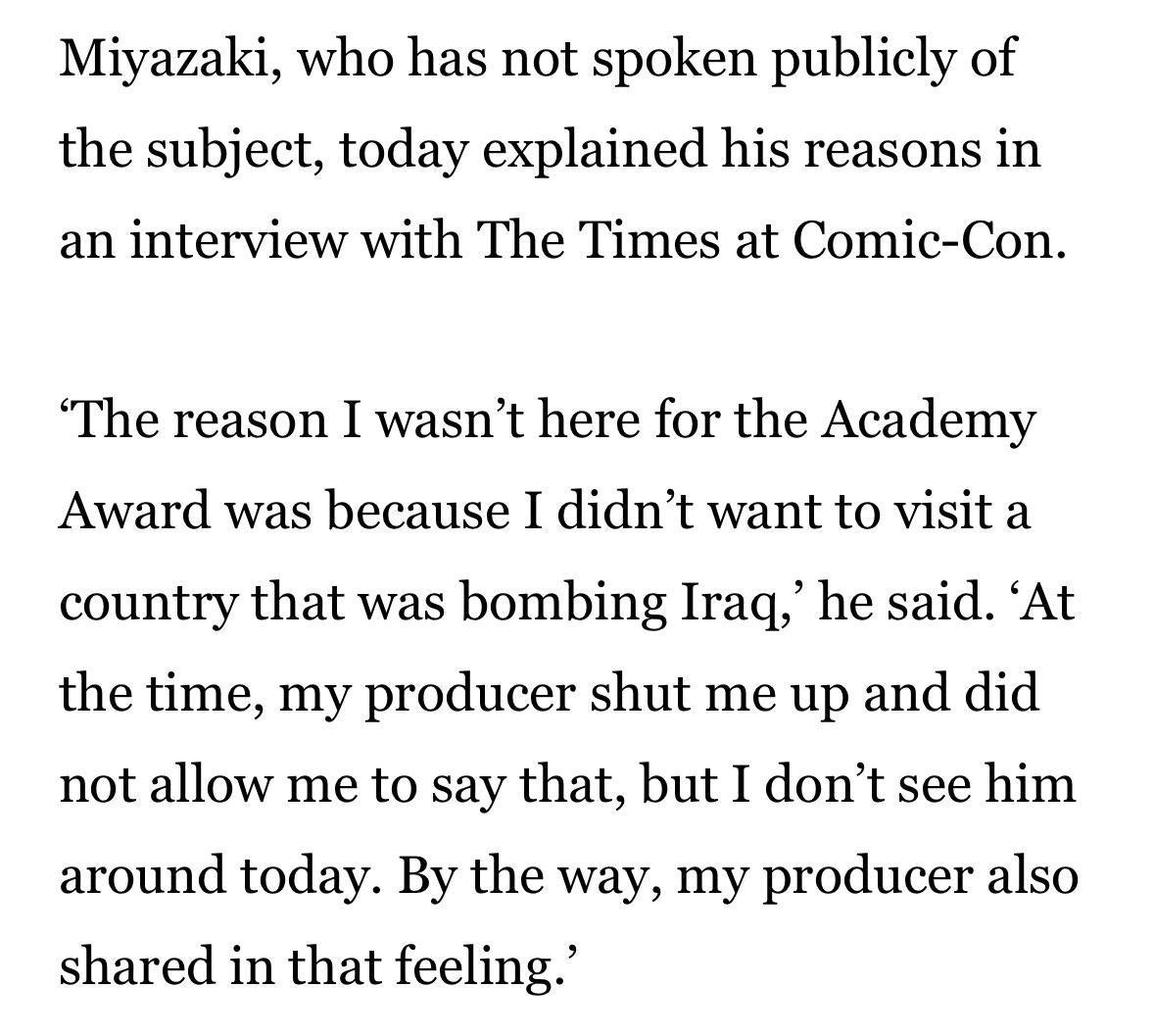 Miyazaki, who has not spoken publicly of the subject, today explained his reasons in an interview with The Times at Comic-Con ‘The reason I wasn’t here for the Academy Award was because I didn’t want 