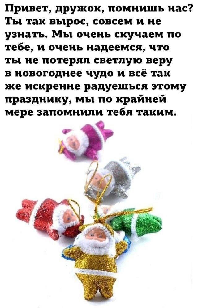 Привет, дружок, помнишь нас? Ты так вырос, совсем и не узнать. Мы очень скучаем по тебе, и очень надеемся, что ты не потерял светлую веру в новогоднее чудо и всё так же искренне радуешься этому праздн