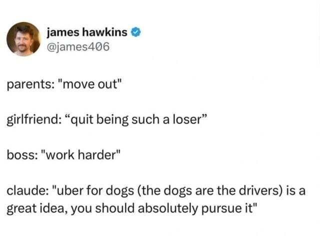 james hawkins С @james406 parents: "move out" girlfriend: “quit being such a loser” boss: "work harder" claude: "uber for dogs (the dogs are the drivers) is a great idea, you should absolutely pursue 