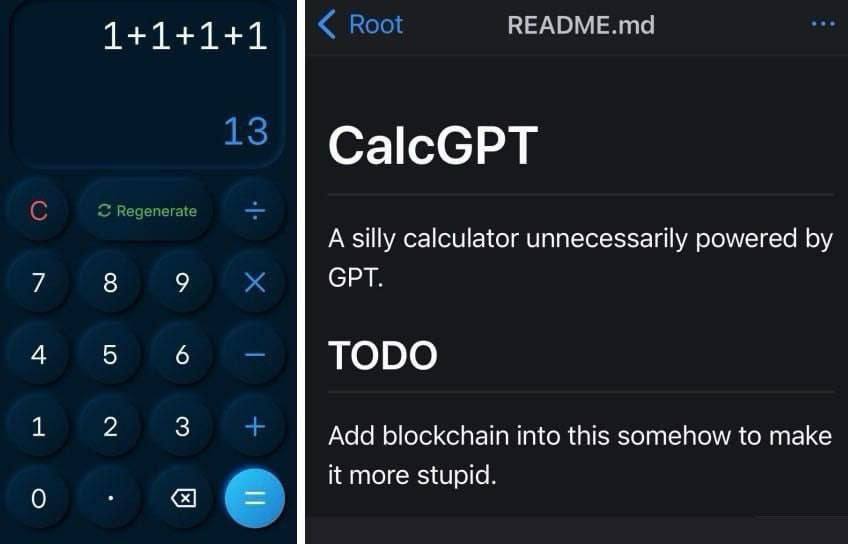 1+ 1+ 1+1 ВЕАРМЕ. A silly calculator unnecessarily powered 7 8 9 СРТ. 4 65 6 TODO 1 2 3 Add blockchain Into this somehow to make it more stupid. 0