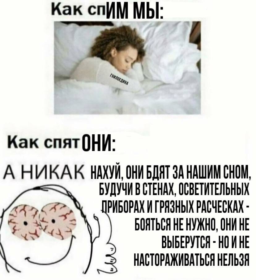 Kak спИМ МЫ: Как спят(НИ: А НИКАК НАХУЙ, OHM BOAT ЗА НАШИМ СКОМ, БУДУЧИ В СТЕНАХ, ОСВЕТИТЕЛЬНЫХ РИБОРАХ И ГРЯЗНЫХ РАСЧЕСКАХ БОЯТЬСЯ НЕНУЖНО, OHM HE ВЫБЕРУТСЯ НОИНЕ НАСТОРАЖИВАТЬСЯ НЕЛЬЗЯ