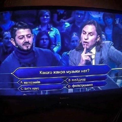 3 Какого жанра музыки нет? А:вапорвейв в: мейдкор хаус фолктроника 1