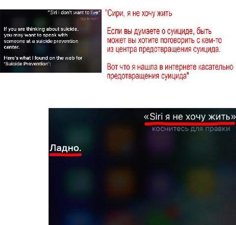 “Siri don't want to live "Сири, я не хочу жить you are thinking about suicide, Если вы думаете о суициде, быть you may want to speak with someone at a suicide prevention может вы хотите поговорить с к
