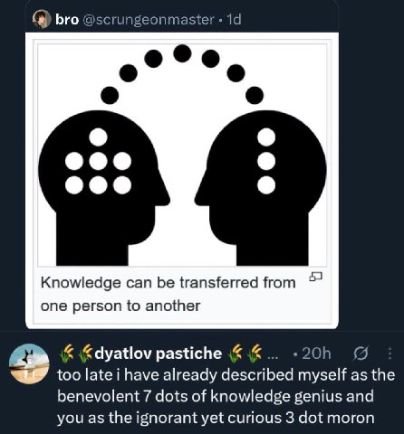 bro @scrungeonmaster Knowledge can be transferred from one person to another &dyatlov pastiche too late i have already described myself as the benevolent 7 dots of knowledge genius and you as the igno