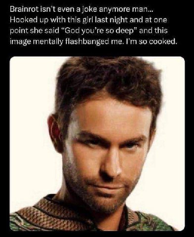 Brainrot isn’t even а joke anymore man... Hooked up with this girl last night and at one point she said “God you’re so deep” and this image mentally flashbanged me. so cooked.