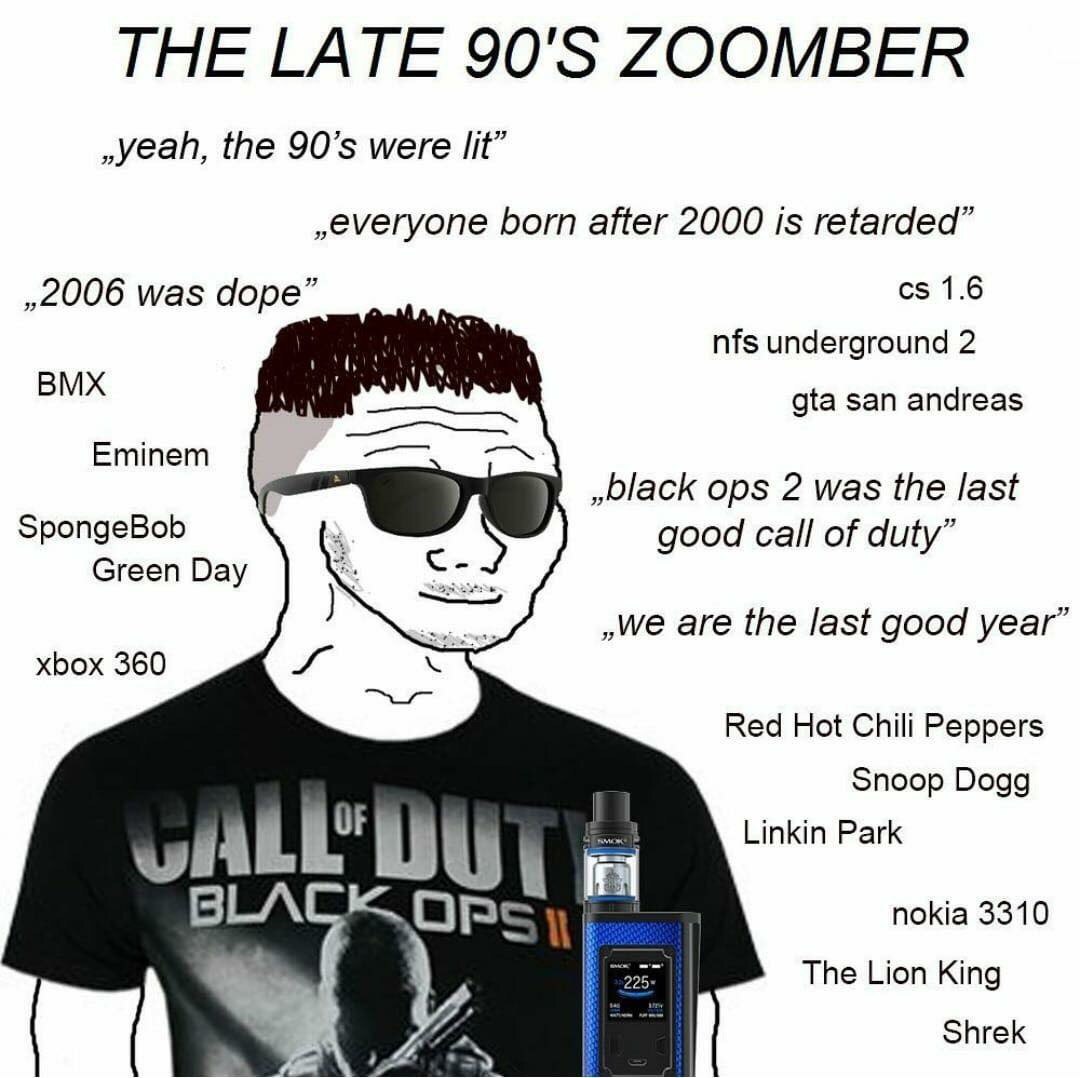 THE LATE ZOOMBER ,yeah, the were lit” „еуегуопе born after 2000 is retarded” „2006 was dope” 1.6 nfs underground 2 BMX gta san andreas Eminem „Ыаск ops 2 was the last SpongeBob good call of duty” Gree