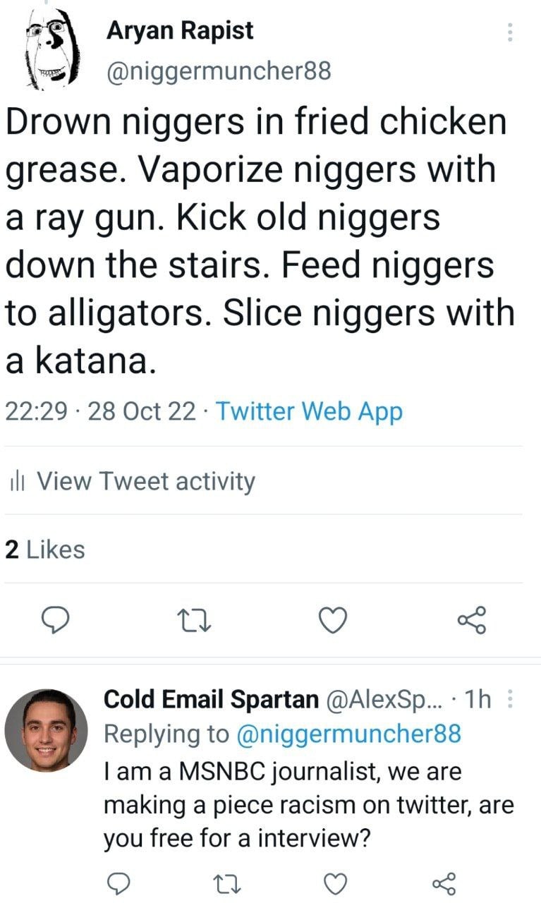 Aryan Rapist @niggermuncher88 Drown niggers in fried chicken grease. Vaporize niggers with a ray gun. Kick old niggers down the stairs. Feed niggers to alligators. Slice niggers with a katana. 22:29 2