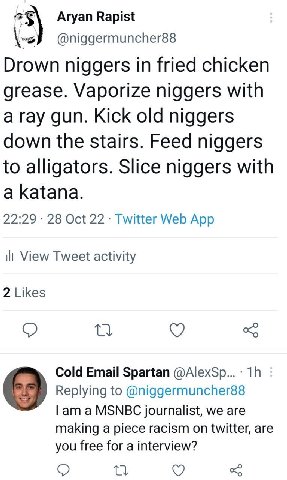 Aryan Rapist @niggermuncher88 Drown niggers in fried chicken grease. Vaporize niggers with a ray gun. Kick old niggers down the stairs. Feed niggers to alligators. Slice niggers with a katana. 22:29 2