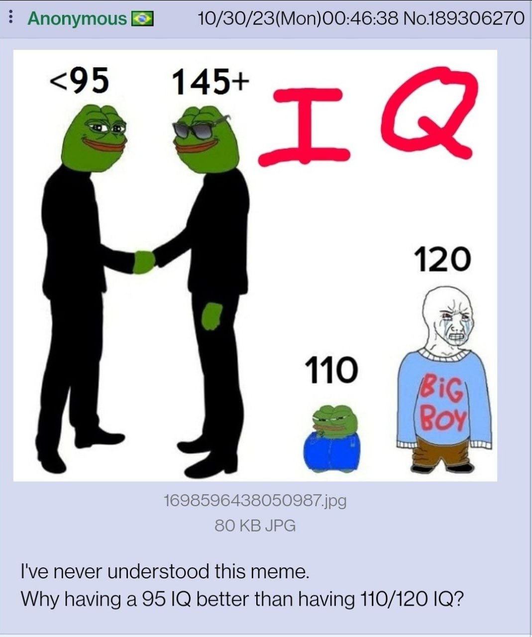 Anonymous 10/30/23(Mon)00:46:38 No189306270 <95 120 110 1698596438050987 jpg 80 JPG never understood this meme. Why having a 95 better than having 110/120