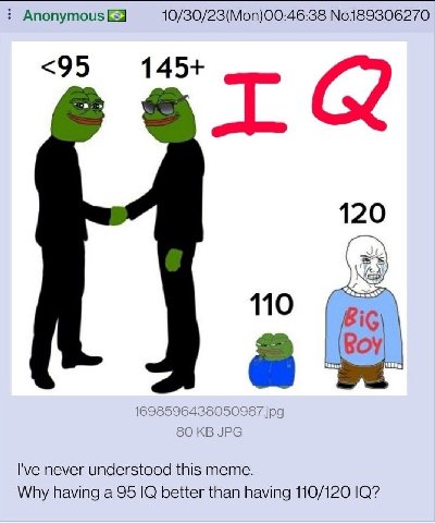 Anonymous 10/30/23(Mon)00:46:38 No189306270 <95 120 110 1698596438050987 jpg 80 JPG never understood this meme. Why having a 95 better than having 110/120