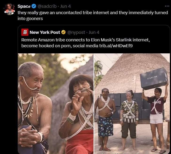 Space they really gave an uncontacted tribe internet and they immediately turned into gooners New York Post Remote Amazon tribe connects to Elon Musk’s Starlink internet, become hooked on porn, social