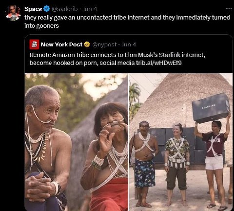 Space they really gave an uncontacted tribe internet and they immediately turned into gooners New York Post Remote Amazon tribe connects to Elon Musk’s Starlink internet, become hooked on porn, social