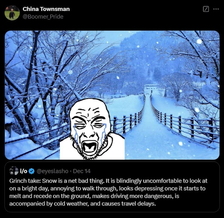 =, China Townsman @ -. Grinch take: Snow is a net bad thing. It is blindingly uncomfortable to look at ona bright day, annoying to walk through, looks depressing once it starts to melt and recede on t