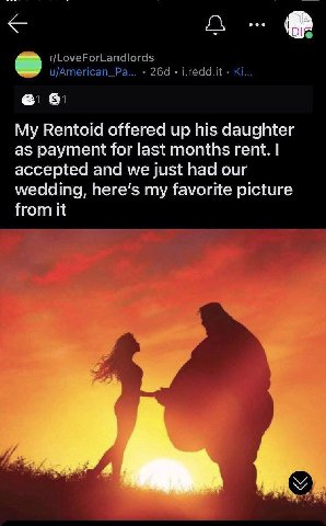 r/LoveForLandlords u/American_Pa... i.redd.it My Rentoid offered up his daughter as payment for last months rent. accepted and we just had our wedding, here's my favorite picture from it