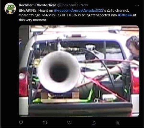 Rockham Chesterfield @Rockha BREAKING: Heard #FreedomConvoyCanada2022's Zello channel, moments ago: MASSIVE SHIP HORN is being transported into #Ottawa at this very moment. a у у у