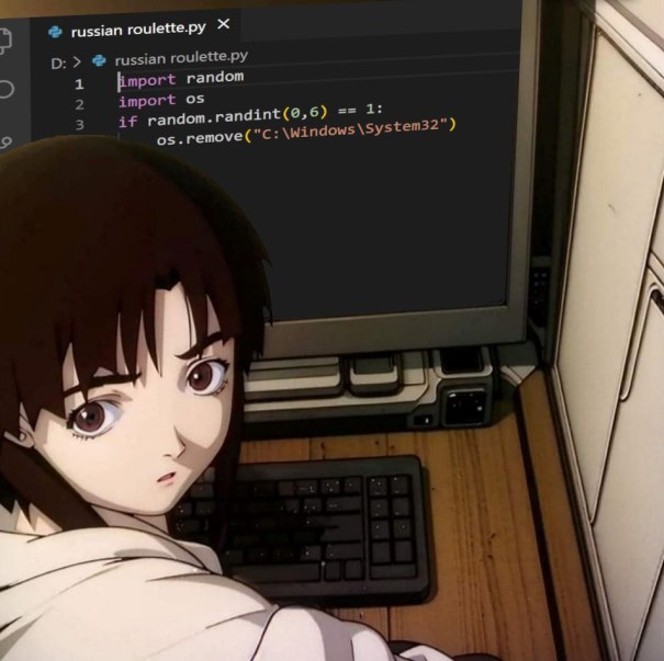 russian roulette.py О: russian roulette.py 1 random import if random. rand int(@,6) os.remove("C:
