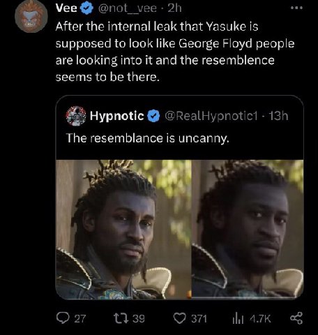 Vee After the internal leak that Yasuke is supposed to look like George Floyd people are looking into it and the resemblence seems to be there Hypnotic The resemblance is uncanny,