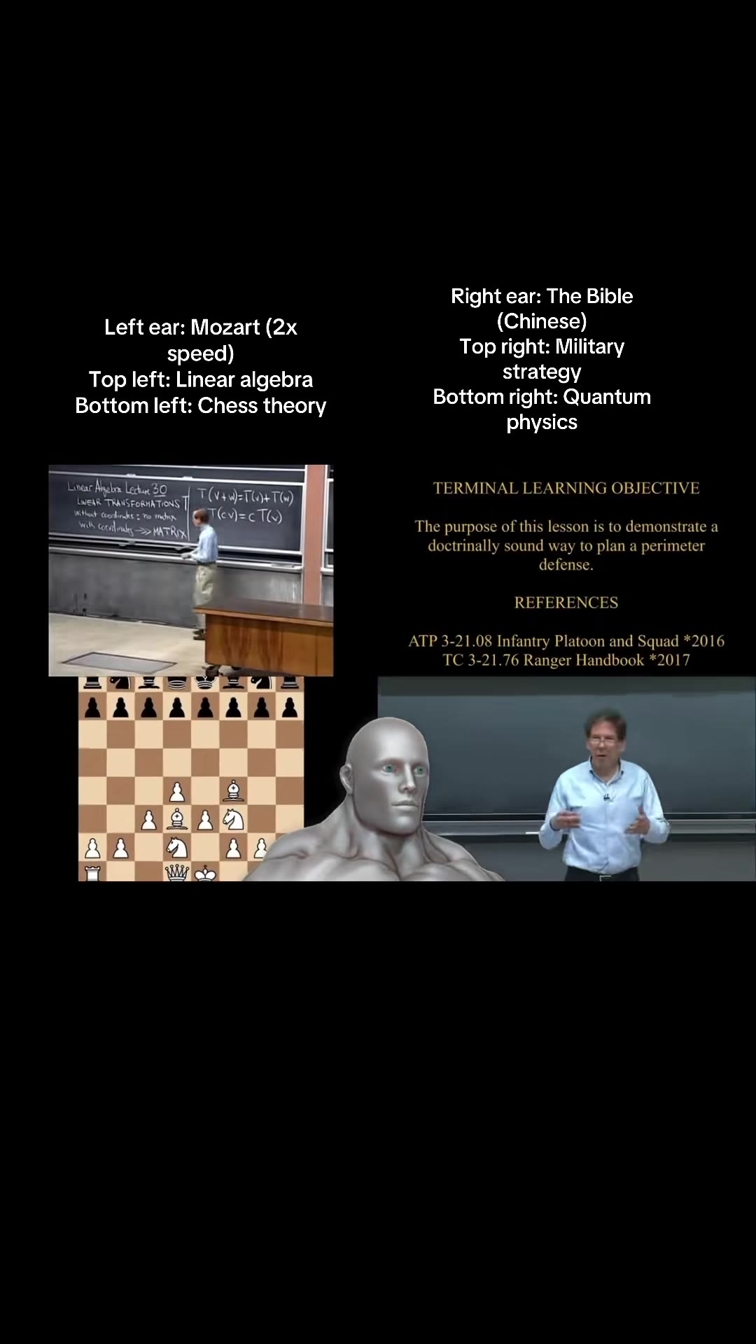 Right ear: The Bible Left ear: Mozart (2x (Chinese) speed) Top right: Military Top left: Linear algebra _ ре № tom Bottom left: Chess theory Bottom right: Quantum nar Di 30 Пе | TERMINAL LEARNING OBJE