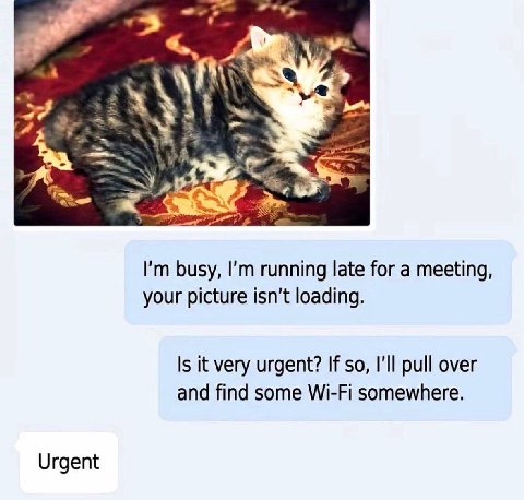 4 у 6 busy, running late for a meeting, your picture isn’t loading. Is it very urgent? If so, I'll pull over and find some Wi-Fi somewhere. Urgent