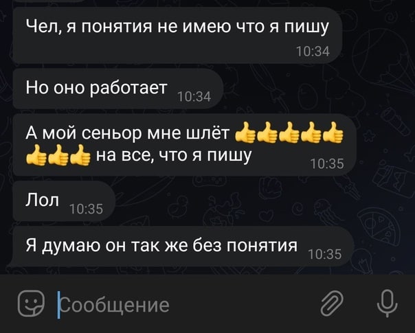 Чел, я понятия не имею что я пишу 10:34 Но оно работает 10:34 А мой сеньор мне шлёт eds ede ede на все, что я пишу 10:35 Лол 10:35 Я думаю он так же без понятия 10:35 Сообщение 9